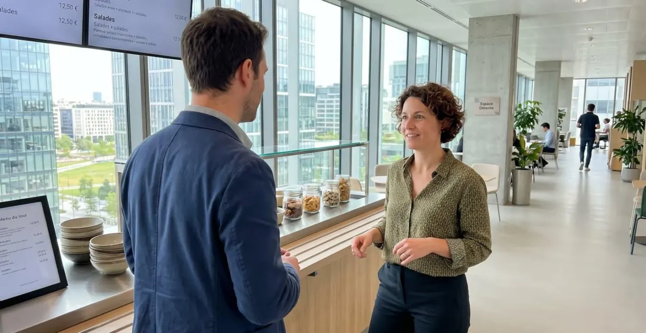 Deux collaborateurs vus de dos échangent debout près d'un comptoir restauration design dans un bureau contemporain baigné de lumière naturelle