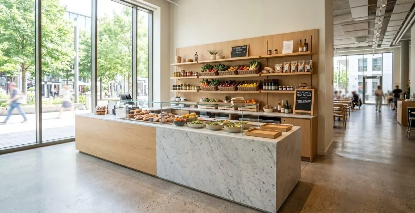 Espace Food Corner moderne et vide avec comptoir en bois clair, étagères murales garnies de produits frais, et grande baie vitrée laissant entrer une lumière naturelle abondante