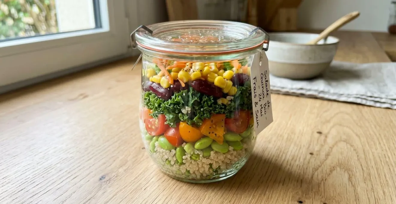 Vue rapprochée d'un bocal en verre transparent contenant une salade composée colorée avec quinoa et légumes frais, posé sur une surface en bois clair moderne
